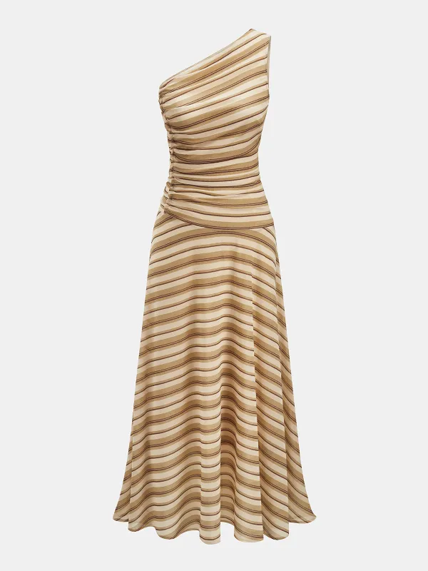 One Shoulder Ruched Striped Maxi Dress made by COMMENSE