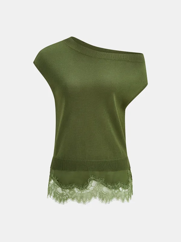 Off Shoulder Lace Hem Knit Top made by COMMENSE