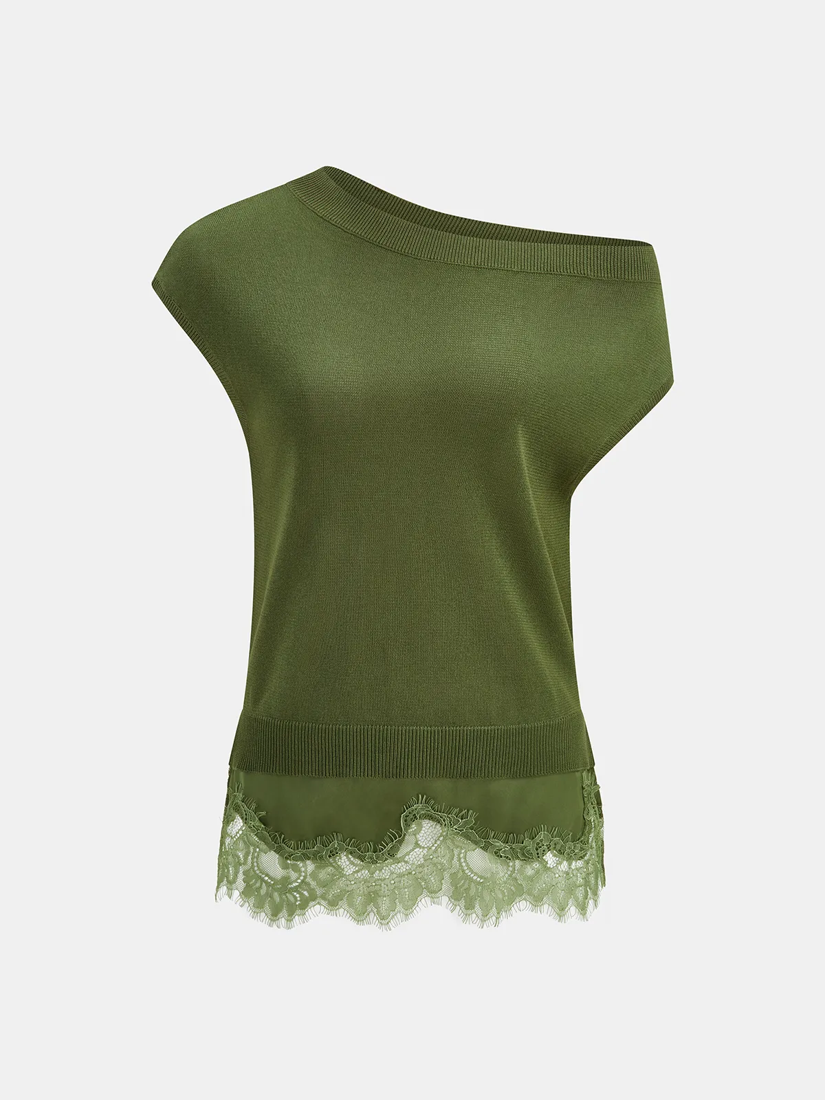 Off Shoulder Lace Hem Knit Top sold by COMMENSE