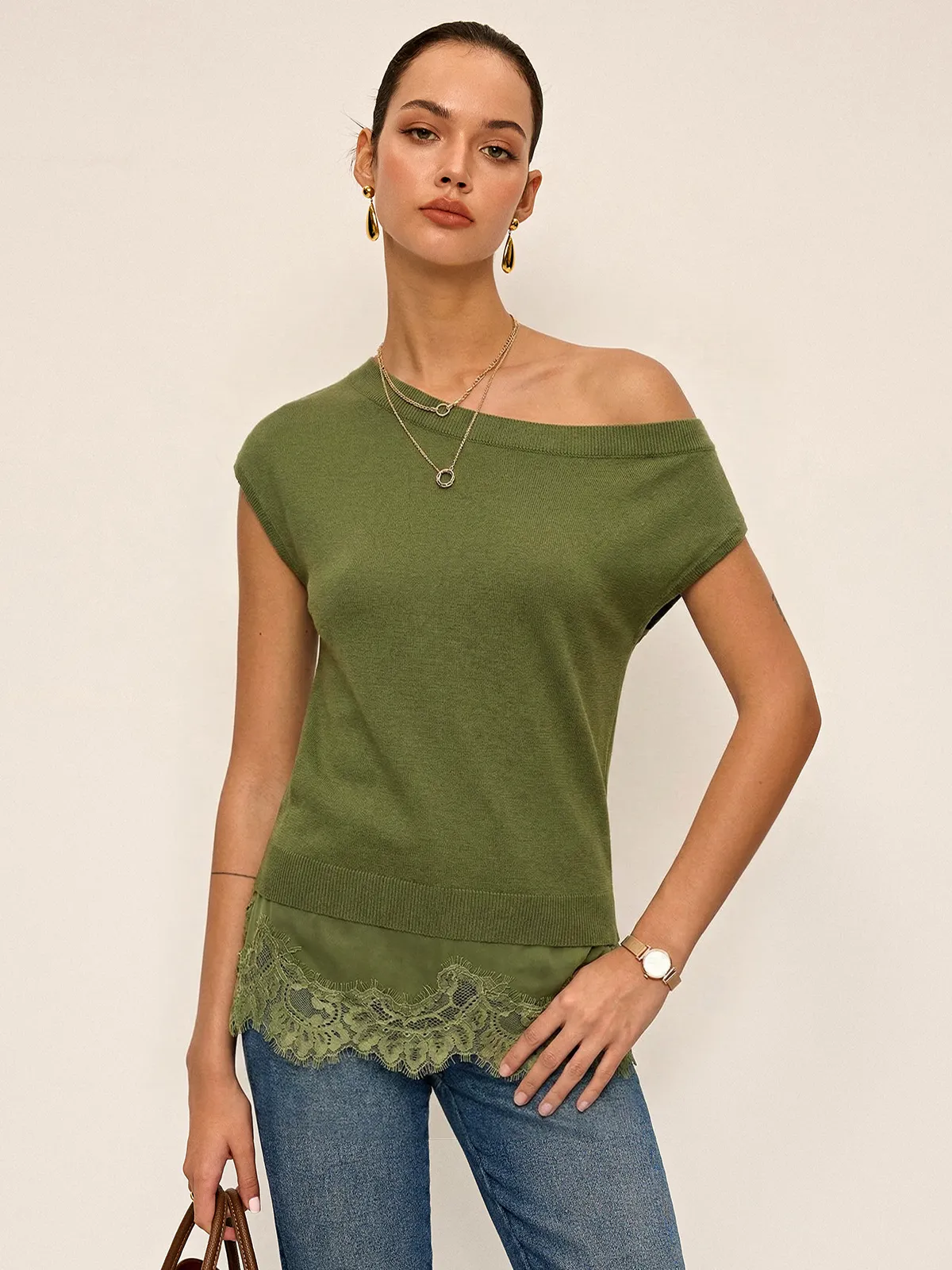 Off Shoulder Lace Hem Knit Top sold by COMMENSE product image thumbnail 5