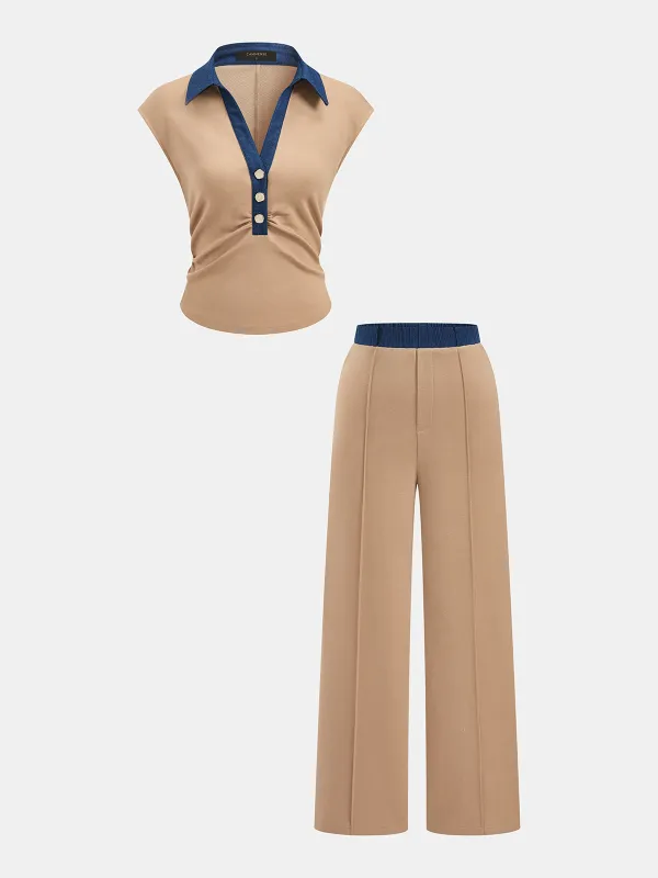 Denim Panel Sleeveless Knit Top & Pants Set sold by COMMENSE