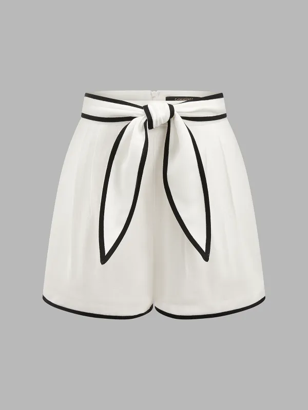Contrast Trim Cotton Linen Tie-Waist Shorts made by COMMENSE