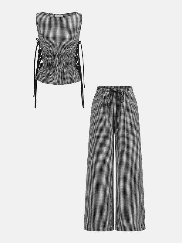 Gingham Lace-Up Sleeveless Top & Pants Set made by COMMENSE