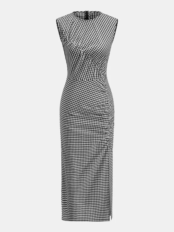 Gingham Sleeveless Cotton Ruched Split Maxi Dress made by COMMENSE