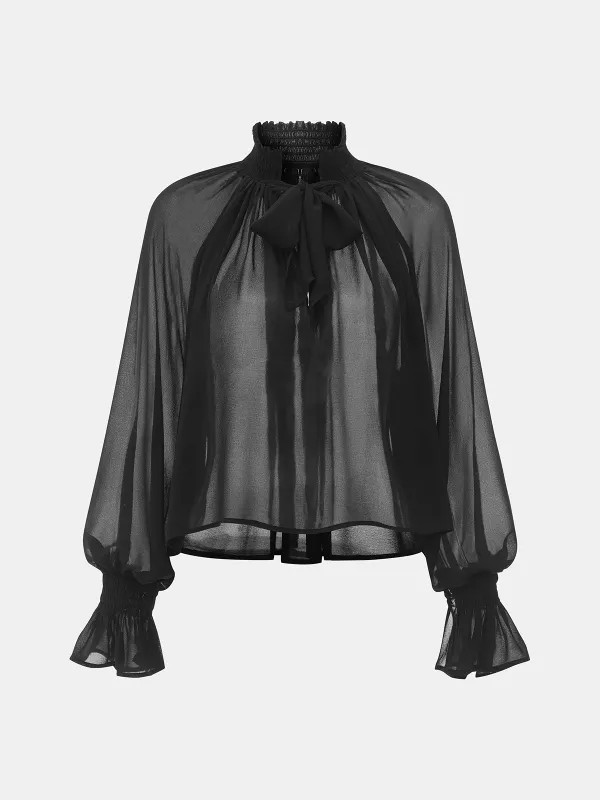 Bow Tie Smocked Sheer Flared Cuff Blouse made by COMMENSE