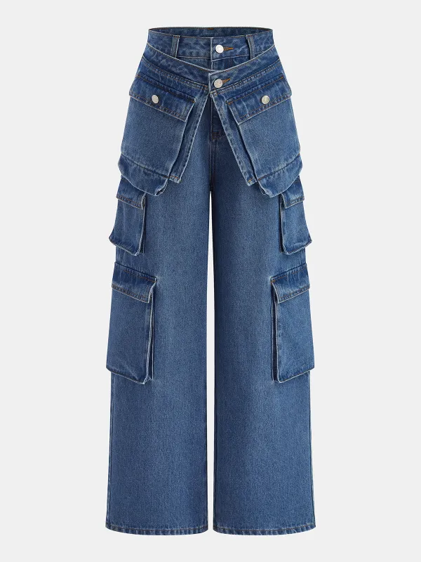 Multi Pocket Wide Leg Denim Pants made by COMMENSE