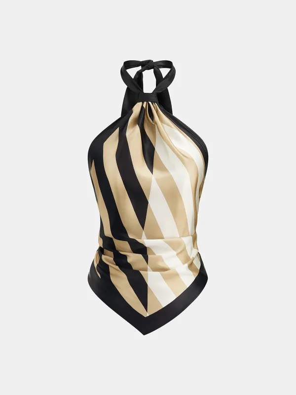 Geometric Striped Satin Halter Kerchief Top made by COMMENSE