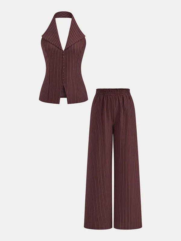 Pinstriped Halter Top & Wide Leg Pants Set sold by COMMENSE