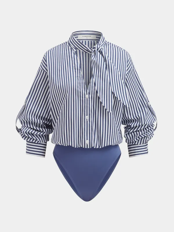 Cotton Blend Striped Tie-Neck Bodysuit made by COMMENSE