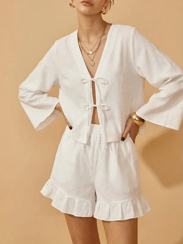 Cotton Tie-Front Blouse & Ruffled Shorts Set made by COMMENSE