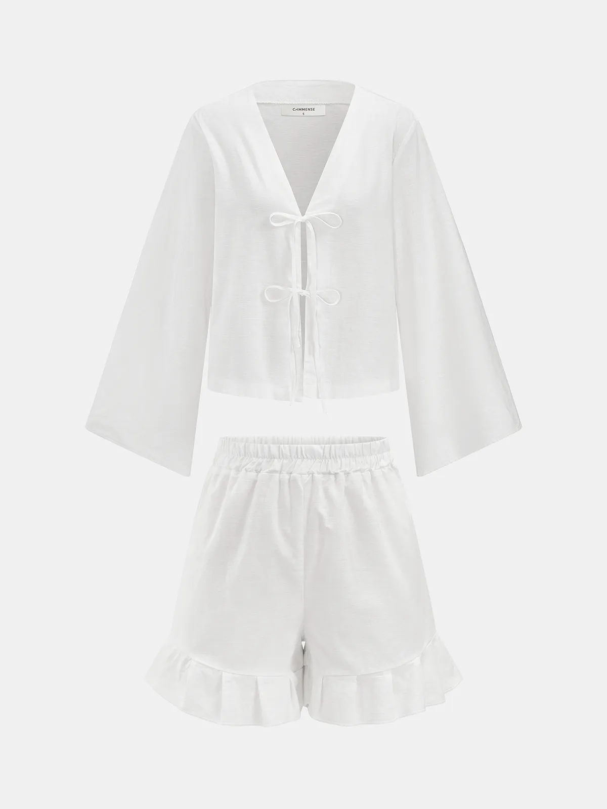 Cotton Tie-Front Blouse & Ruffled Shorts Set sold by COMMENSE product image thumbnail 2