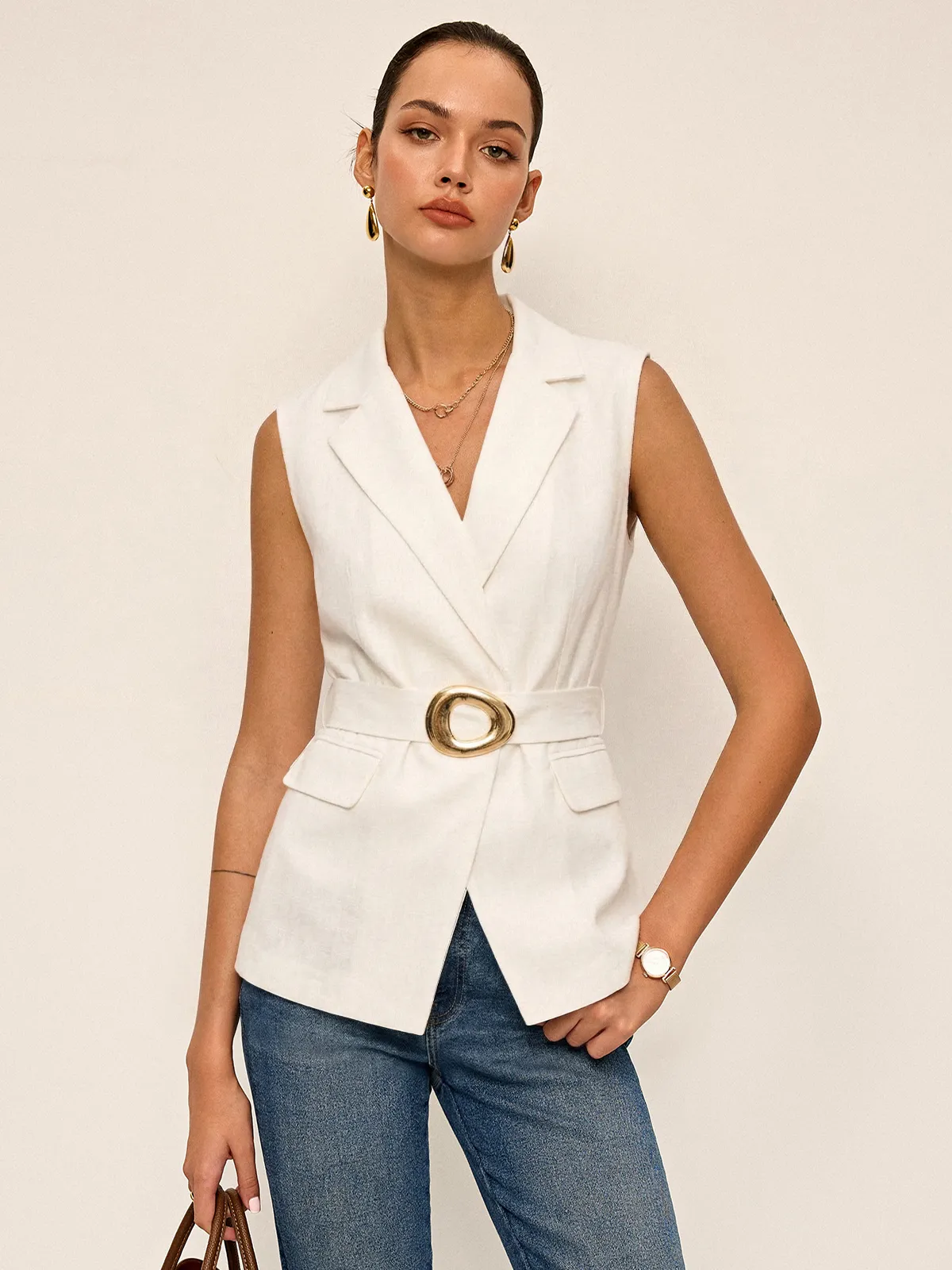 Metal Buckle Linen Blend Sleeveless Blazer Vest sold by COMMENSE