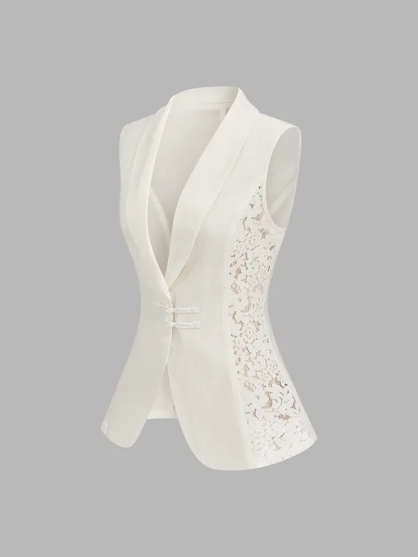 Lace Panel Frog Button Linen Blend Blazer Vest made by COMMENSE