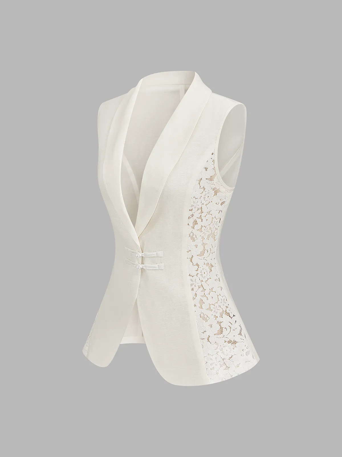 Lace Panel Frog Button Linen Blend Blazer Vest sold by COMMENSE