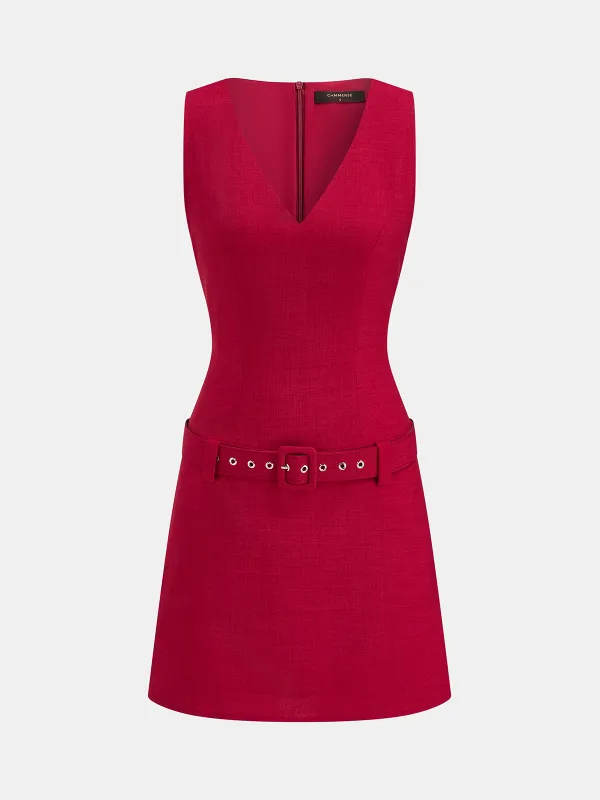 Belted V-Neck Sleeveless Mini Dress made by COMMENSE