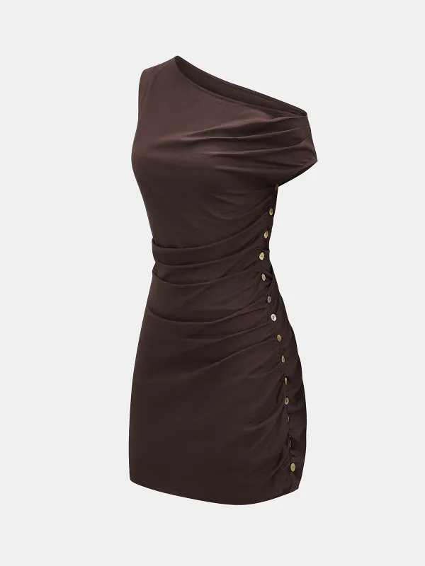 Cotton Linen One-Shoulder Ruched Mini Dress made by COMMENSE