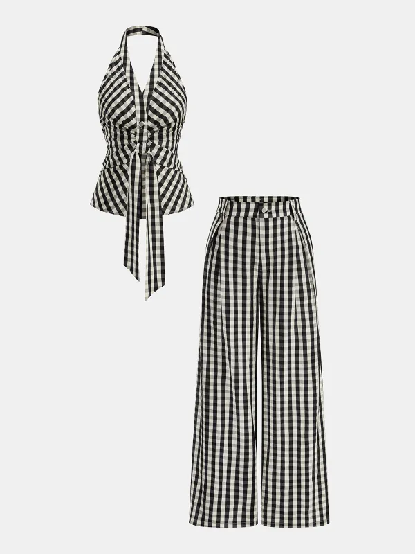 Gingham Halter Tie-Waist Top & Pants Set made by COMMENSE