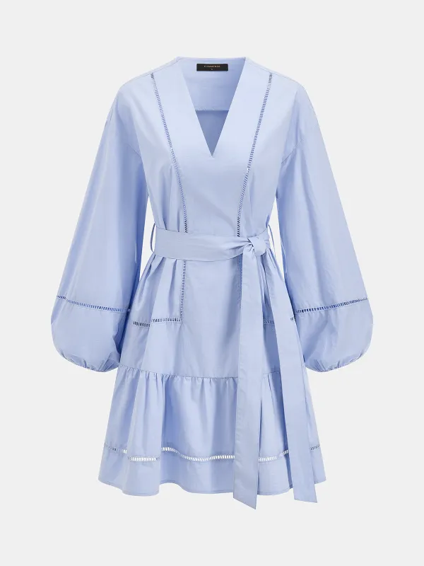 Cotton V-Neck Lantern Sleeve Belted Mini Dress made by COMMENSE