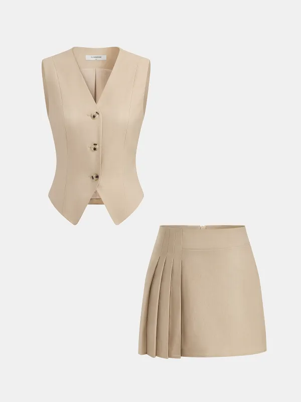 Linen Blend Vest & Pleated Mini Skirt Set made by COMMENSE