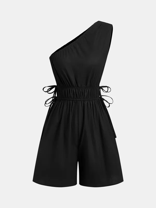 One-Shoulder Cotton Tie-Side Smocked Romper made by COMMENSE
