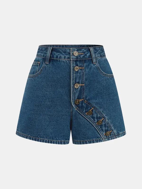 Asymmetrical Button Denim Shorts made by COMMENSE