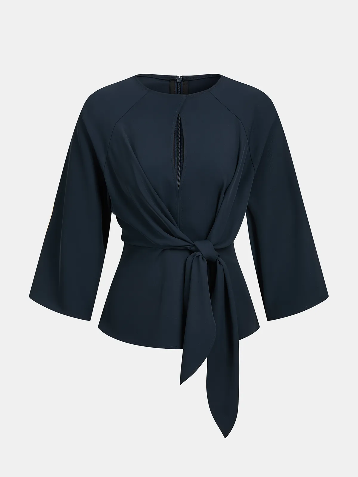 Keyhole Neck Tie Waist Blouse sold by COMMENSE