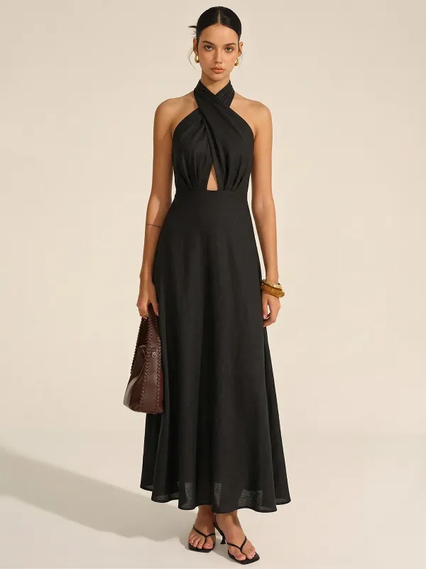 Cotton Linen Halter Neck Cut-Out Maxi Dress made by COMMENSE
