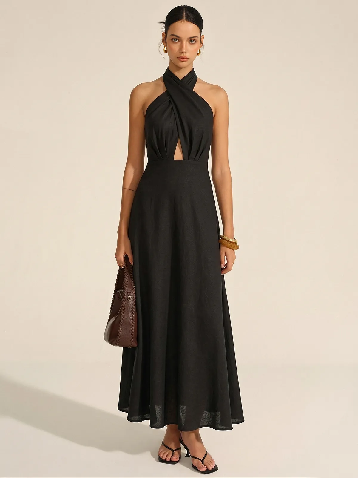 Cotton Linen Halter Neck Cut-Out Maxi Dress sold by COMMENSE