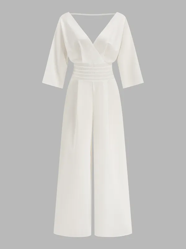 V-Neck Dolman Sleeve Wide Leg Jumpsuit made by COMMENSE