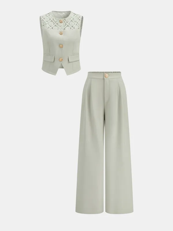 Lace Spliced Vest & Wide Leg Pants Set made by COMMENSE
