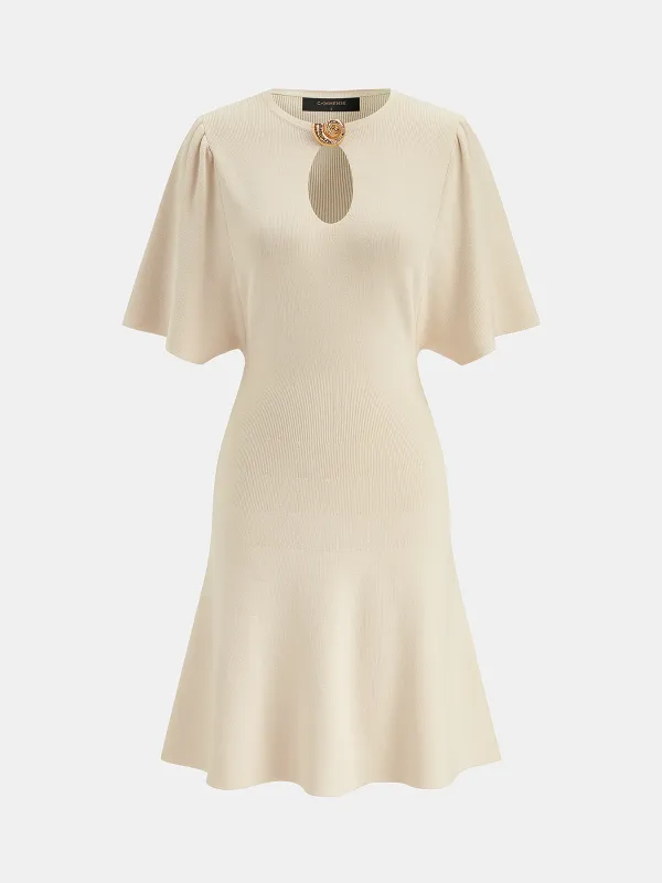 Keyhole Flared Sleeve Conch Detail Knit Dress made by COMMENSE