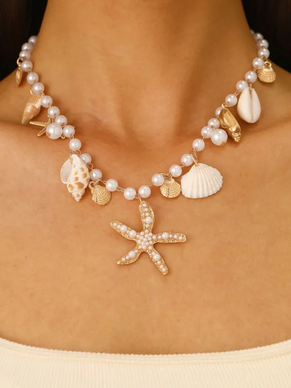 Starfish Shell Pearl Charm Necklace made by COMMENSE