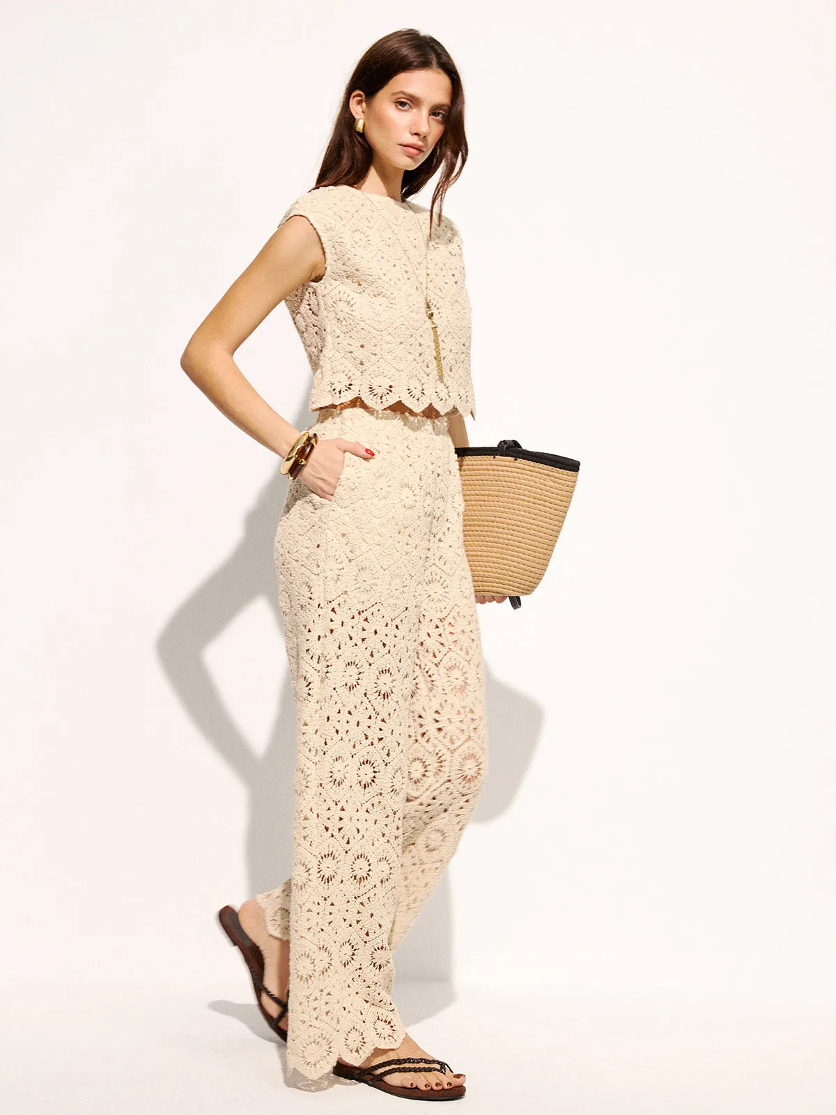 Crochet Sleeveless Crop Top & Pants Set sold by COMMENSE product image thumbnail 2