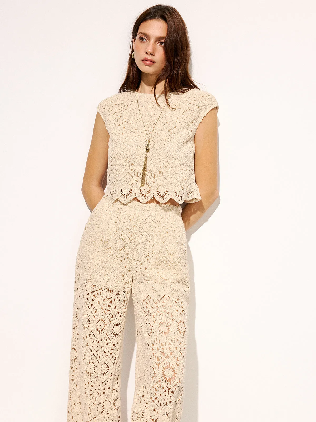 Crochet Sleeveless Crop Top & Pants Set sold by COMMENSE product image thumbnail 3