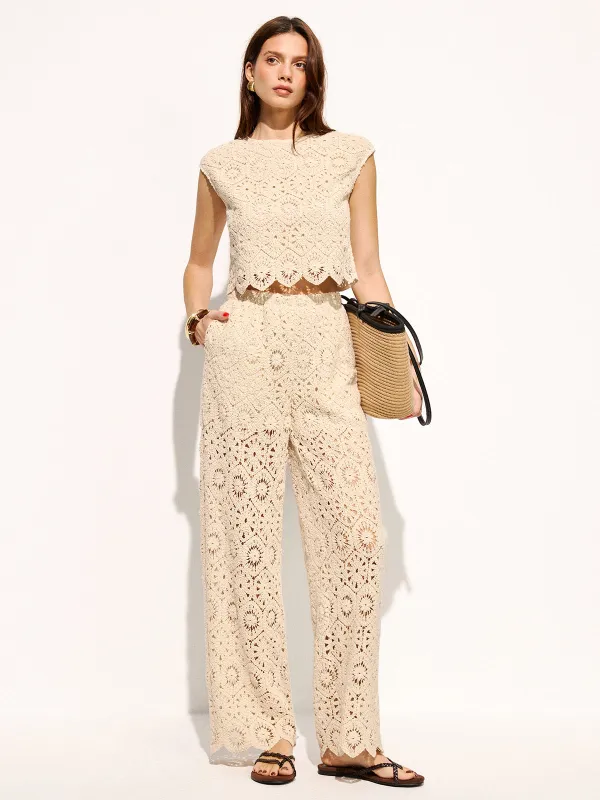 Crochet Sleeveless Crop Top & Pants Set made by COMMENSE