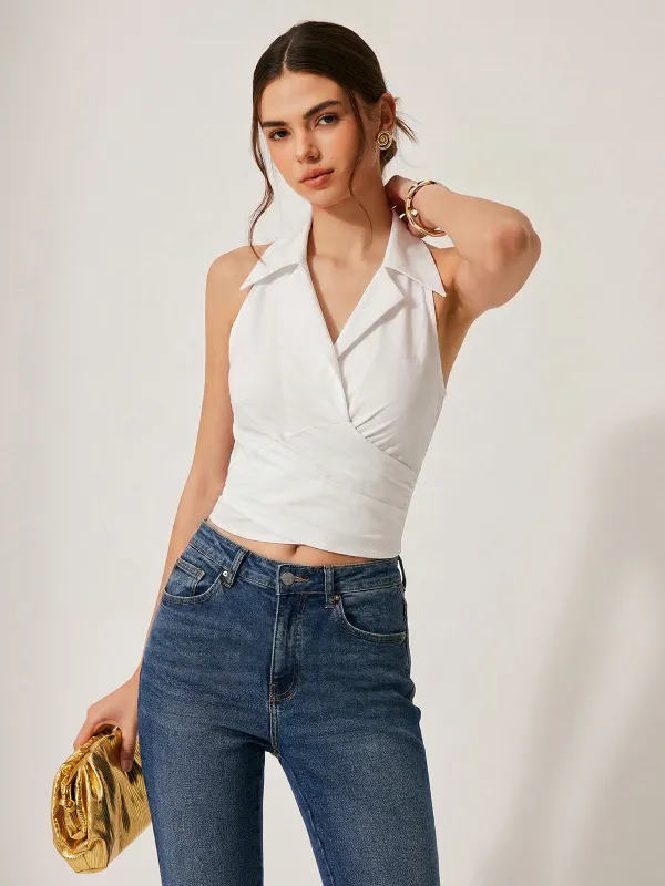 Collared Sleeveless Knotted Cropped Blouse made by COMMENSE