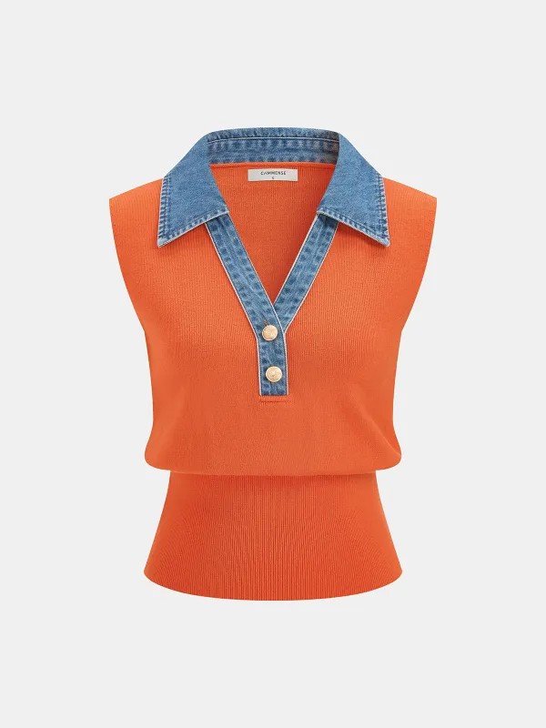 Denim Collar Metal Button Sleeveless Knit Vest made by COMMENSE