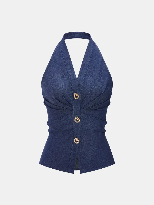 Metal Button Denim Halter Ruched Top made by COMMENSE