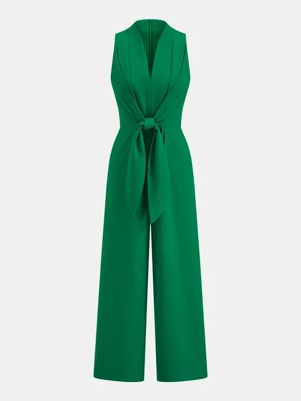 Sleeveless V-Neck Tie Waist Wide-Leg Jumpsuit made by COMMENSE