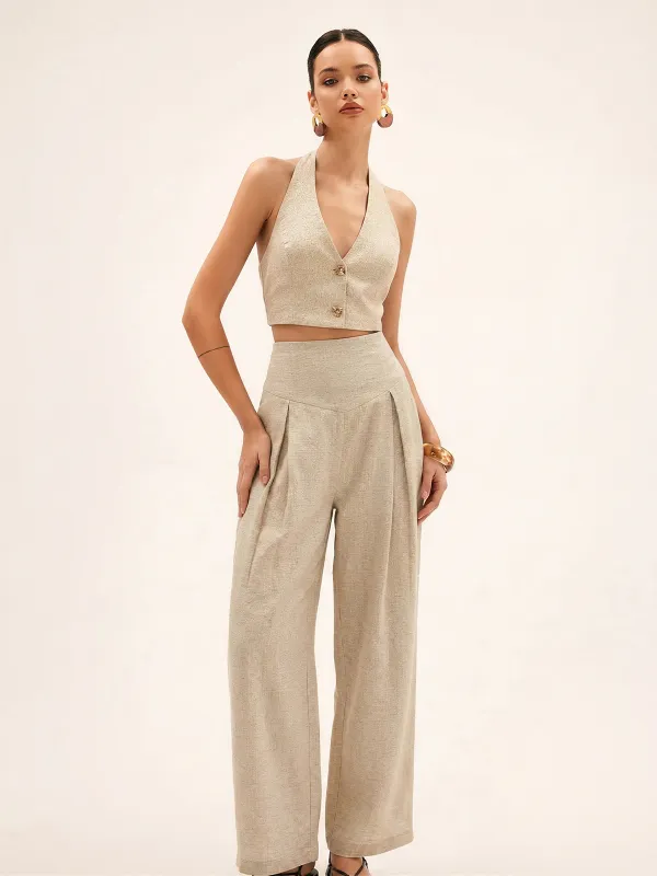 Linen Blend Halter Crop Top & Pants Set made by COMMENSE
