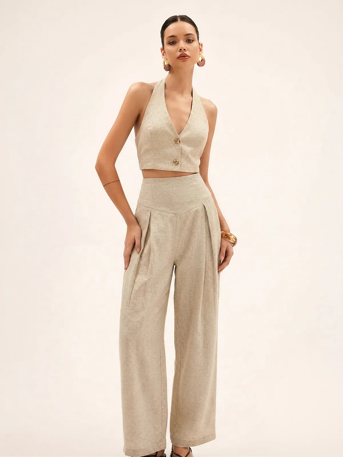 Linen Blend Halter Crop Top & Pants Set sold by COMMENSE