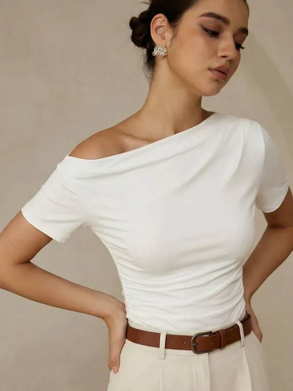 Ruched Off Shoulder Slim Short Sleeve Top made by COMMENSE