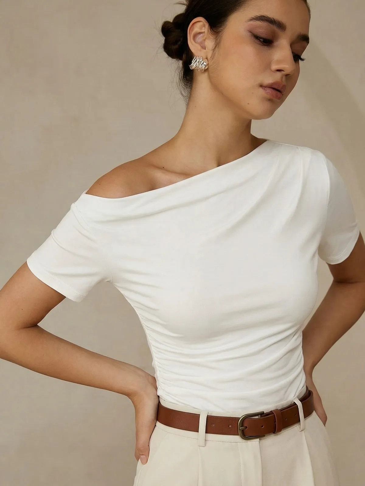 Ruched Off Shoulder Slim Short Sleeve Top sold by COMMENSE