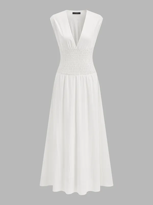 Deep V Neck Sleeveless Smocked Maxi Dress made by COMMENSE