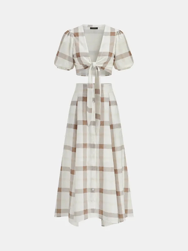 Plaid Tie-Front Crop Top & Maxi Skirt Set made by COMMENSE