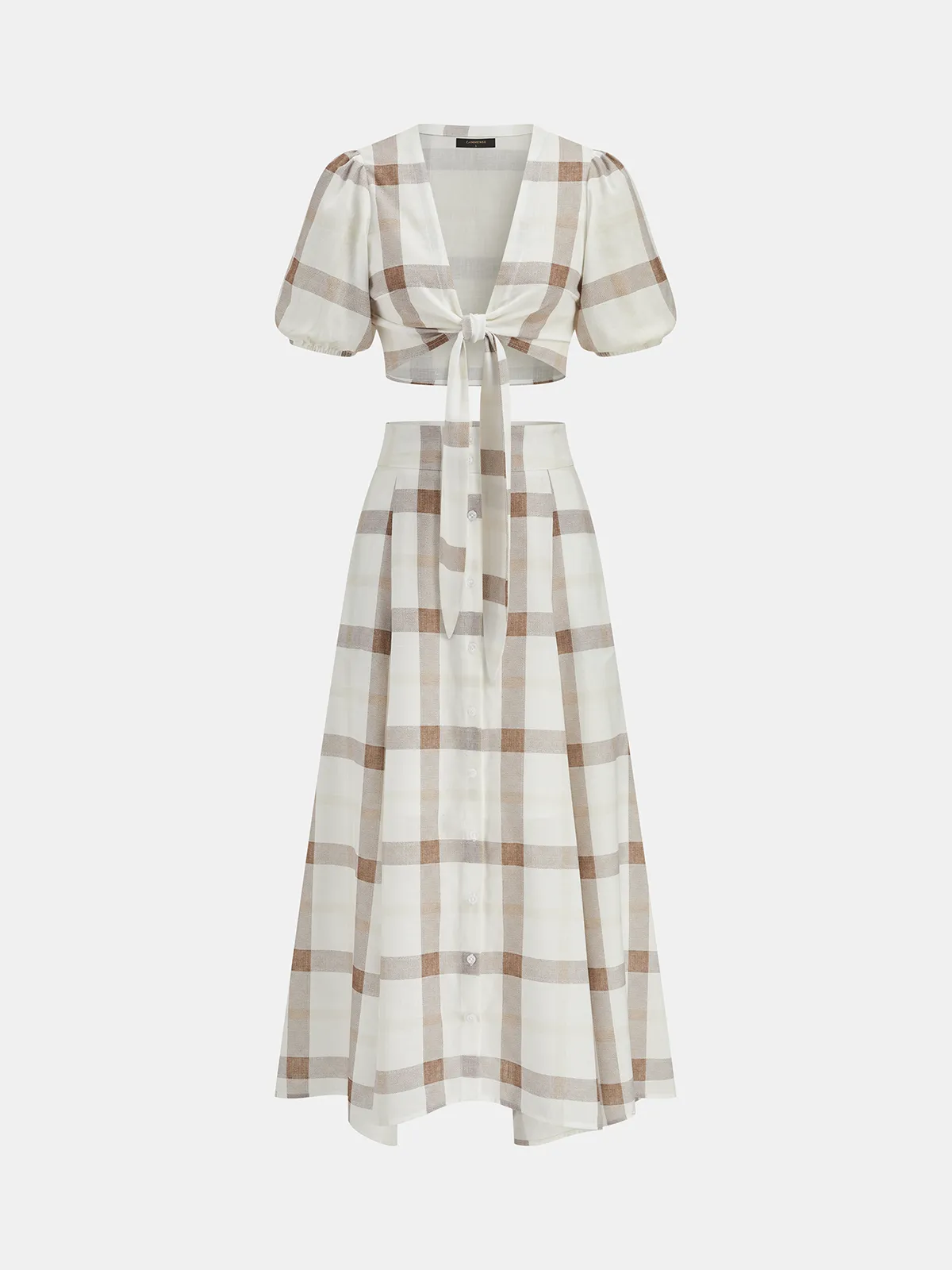 Plaid Tie-Front Crop Top & Maxi Skirt Set sold by COMMENSE