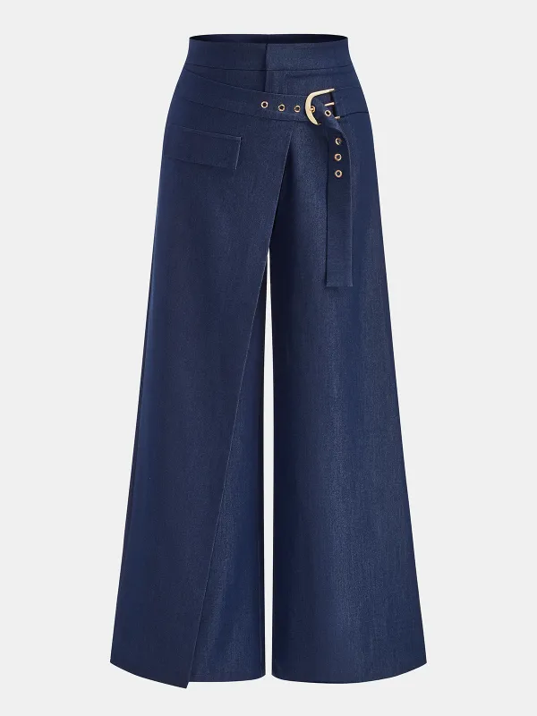 Buckle-Waist Overlap Wide Leg Pants made by COMMENSE