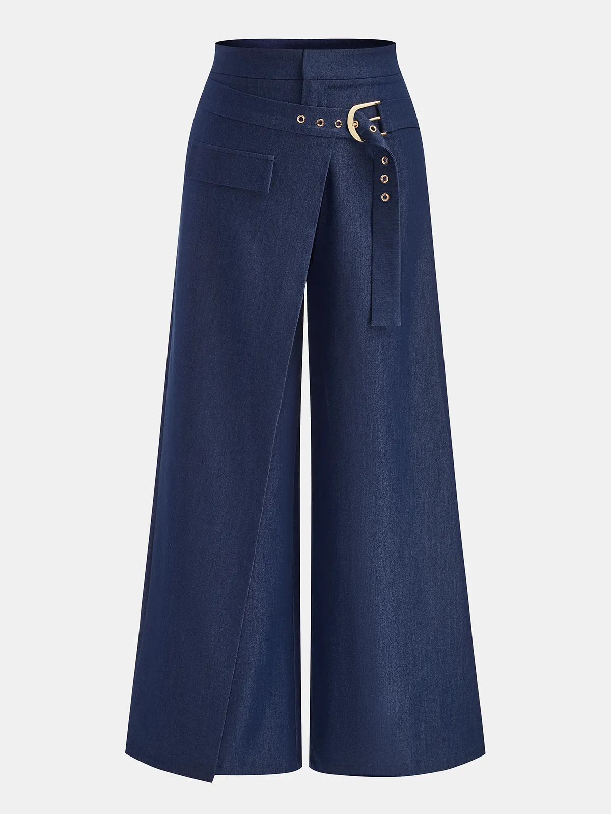 Buckle-Waist Overlap Wide Leg Pants sold by COMMENSE