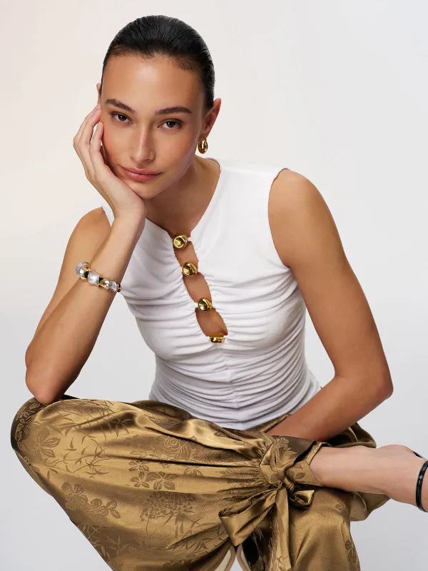 Metal Detail Cut-Out Sleeveless Ruched Top made by COMMENSE