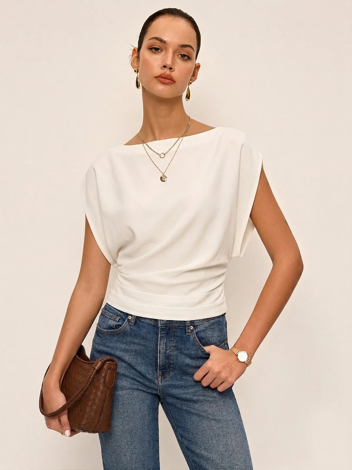 Ruched Cinched Waist Boat Neck Blouse sold by COMMENSE